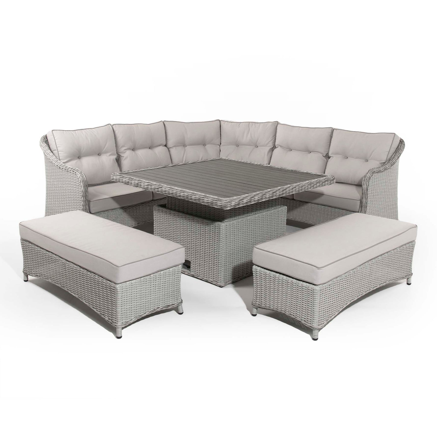 Hazel | Corner Sofa with Rising Table and 2 Benches in Grey Rattan