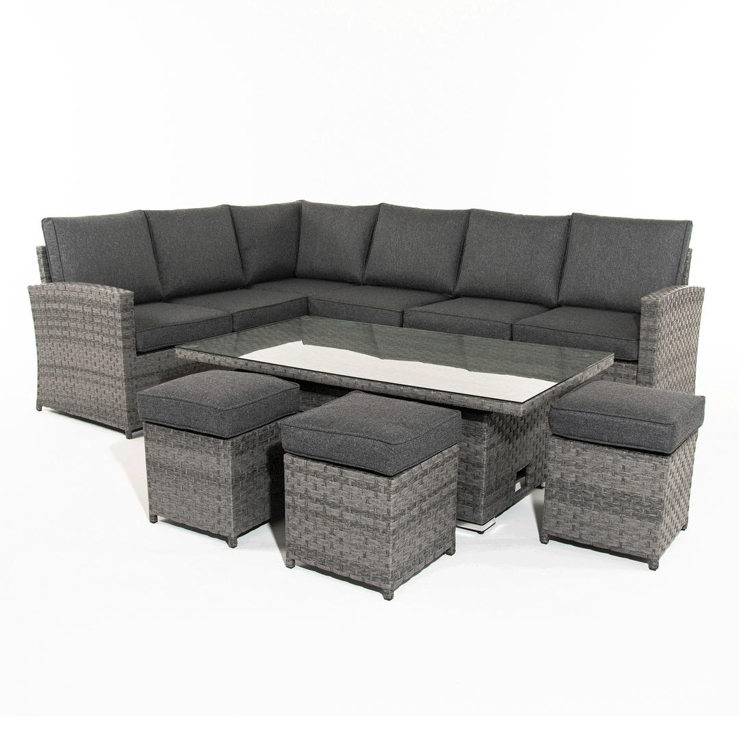 Melody | Corner Sofa with Rising Table and 3 Stools in Grey Rattan