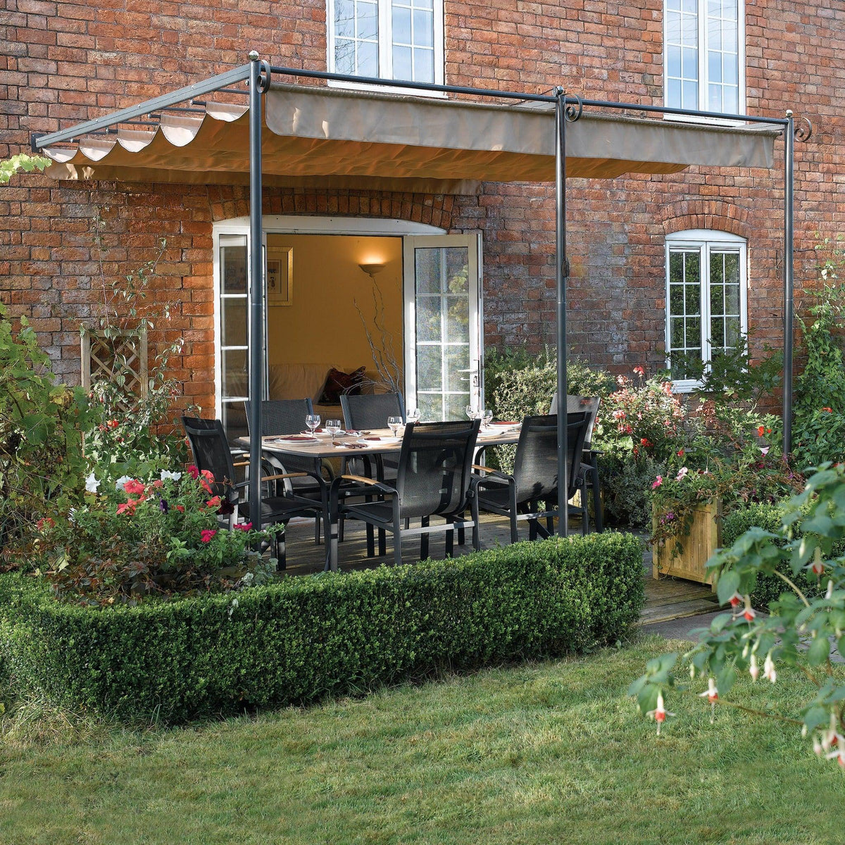 Wall-Mounted Aluminium Pergola with Retractable Taupe Roof 3m